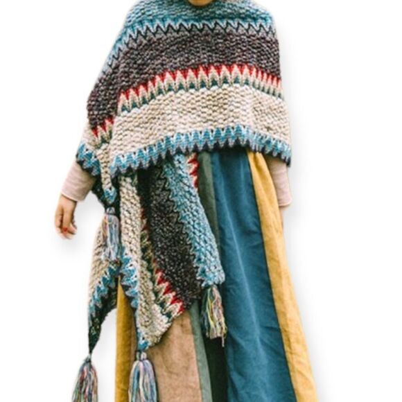 Boho Western Multicolor Cashmere Tassel Trim Knit Poncho Shawl Wrap - NEW - Picture 4 of 4